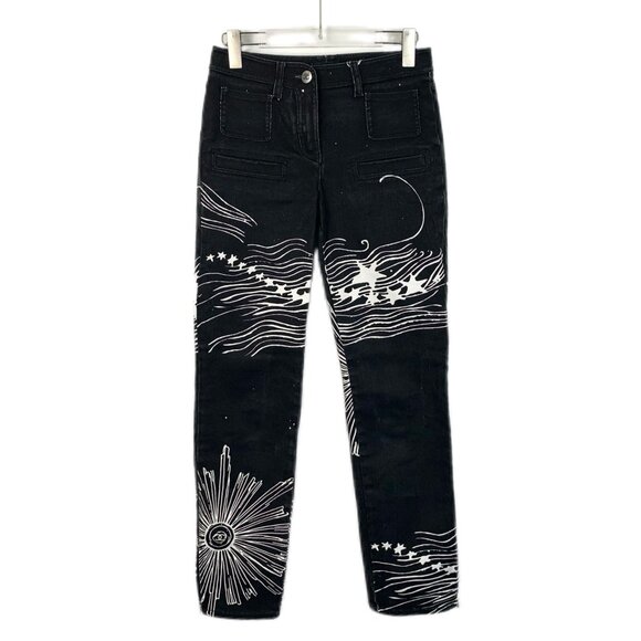 Chanel Black Denim Jeans With White Graphic Print & Button Detail - Picture 1 of 8